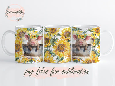 Pig in the Tub Mug Sublimation, Farm Sunflowers Mug Press, Pig Mug Wrap Template Sublimation PrintingLife 