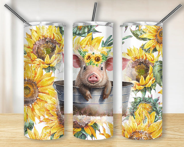 Pig Sunflowers 20oz Skinny Tumbler Png, Sunflower Tumbler Png, Pig Tumbler Png, Baby Pig Sunflower Tumbler, Western Sunflower Tumbler Sublimation BouDesign 