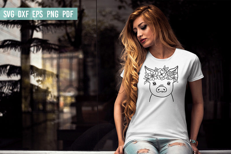 Pig SVG | Pig with Flower Crown | Farm animals SVG - So Fontsy