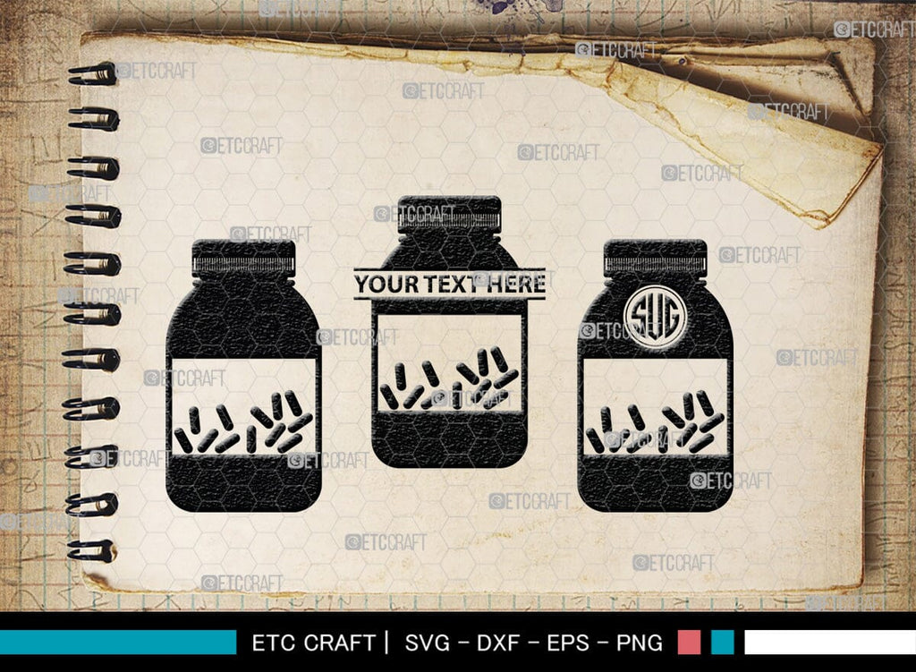 Pill Bottle Monogram, Pill Bottle Silhouette, Pill Bottle SVG, Pain ...