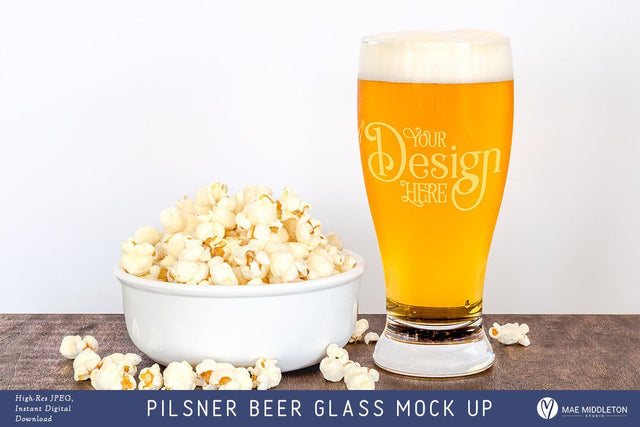 Pilsner Beer Glass & Popcorn - Mock up, styled photo Mock Up Photo Mae Middleton Studio 