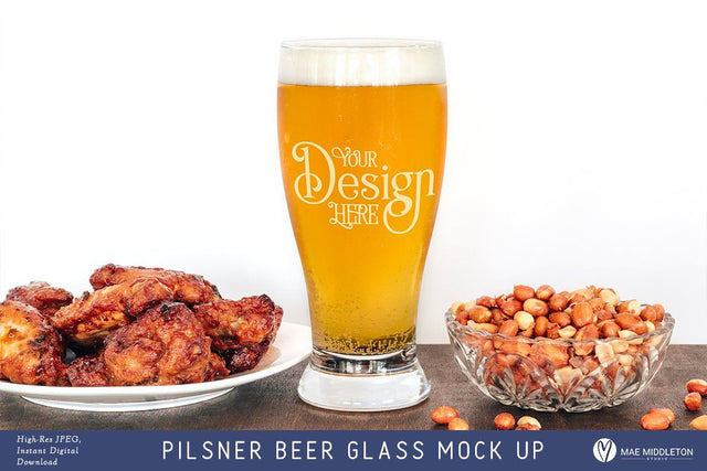 Pilsner Beer Glass with side dishes - Mock up, styled photo Mock Up Photo Mae Middleton Studio 