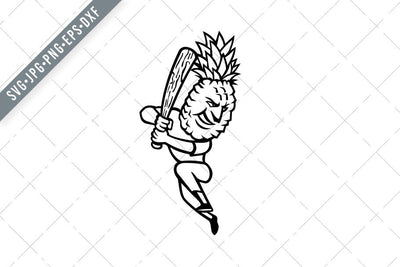 Pineapple Baseball Player Batting With Bat Mascot Black and White SVG Patrimonio Designs Limited 