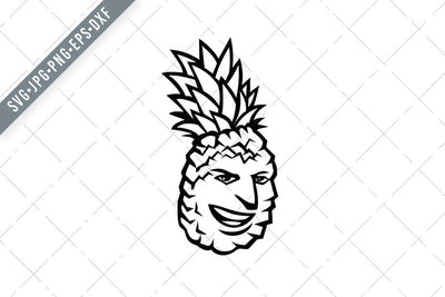Pineapple Fruit or Ananas Comosus Happy Smiling Grinning Mascot Black and White SVG Patrimonio Designs Limited 