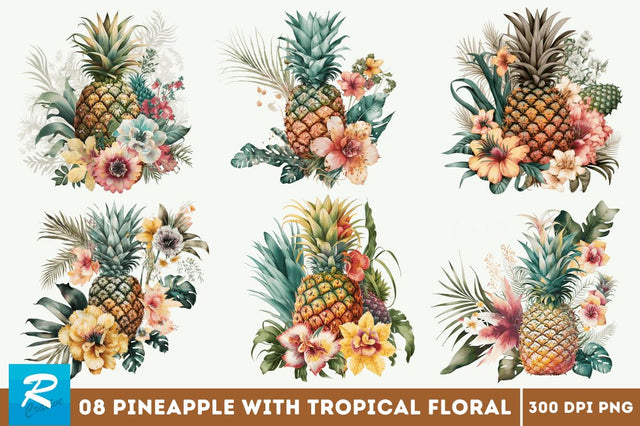 Pineapple with Tropical Floral Clipart Bundle Sublimation Regulrcrative 