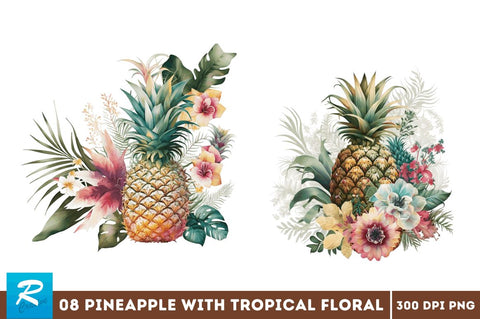 Pineapple with Tropical Floral Clipart Bundle Sublimation Regulrcrative 