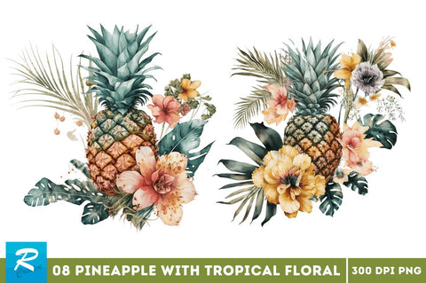 Pineapple with Tropical Floral Clipart Bundle Sublimation Regulrcrative 