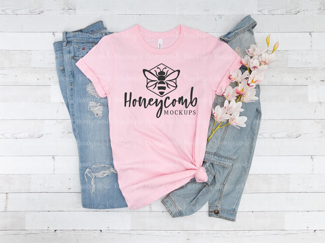 Pink 3001 Bella Canvas Mockup, Women's Summertime T-Shirt Mockup Mock Up Photo Honeycomb Mockups 