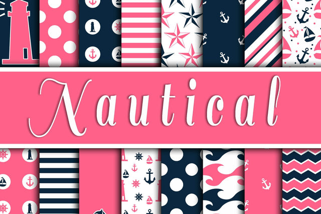 Pink and Navy Blue Nautical Designs Digital Paper Sublimation Old Market 