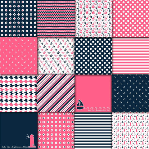 Pink and Navy Blue Nautical Designs Digital Paper Sublimation Old Market 