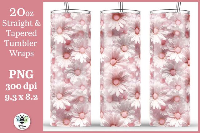 Pink and White 3D Daisy Tumbler Wrap | 20oz Tumbler PNG Sublimation B Renee Design 