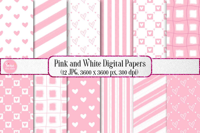 Pink and White Valentines Digital Papers Backgrounds Set Digital Pattern SineDigitalDesign 