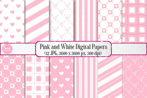 Pink and White Valentines Digital Papers Backgrounds Set Digital Pattern SineDigitalDesign 