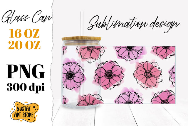 Pink Anemone Flowers Glass Can Sublimation. Seamless pattern Sublimation Yustaf Art Store 