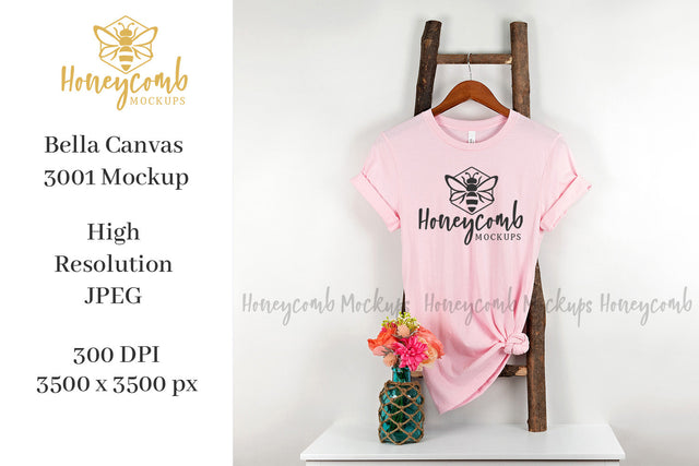 Pink Bella Canvas 3001 Mockup, Hanging Ladder Mockup, Women's T-Shirt Mockup, Valentines Mockup Mock Up Photo Honeycomb Mockups 