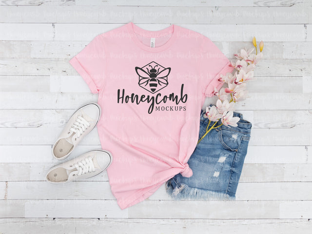 Pink Bella Canvas 3001 Mockup, Women's T-Shirt Mockup, Summertime Mockup Mock Up Photo Honeycomb Mockups 