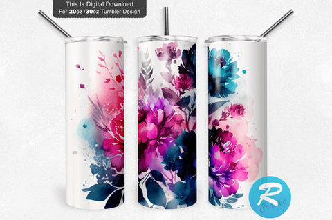 Pink Blue Ombre Watercolor Florals 20 oz / 30 oz Tumbler PNG Sublimation Regulrcrative 