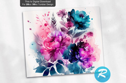 Pink Blue Ombre Watercolor Florals 20 oz / 30 oz Tumbler PNG Sublimation Regulrcrative 