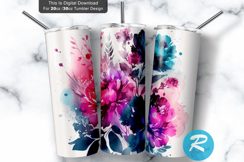 Pink Blue Ombre Watercolor Florals 20 oz / 30 oz Tumbler PNG Sublimation Regulrcrative 