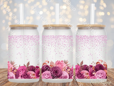 Pink Bouquets 16oz Libbey Glass Can PNG Sublimation _HelArtShop_ 