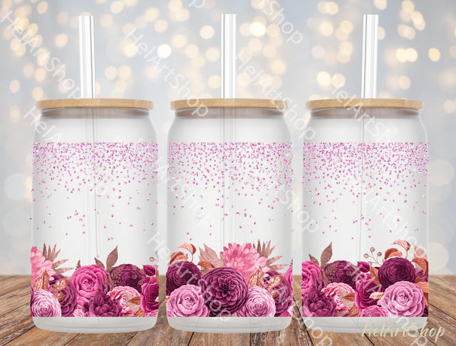 Pink Bouquets 16oz Libbey Glass Can PNG Sublimation _HelArtShop_ 