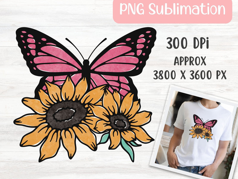 Pink Butterfly PNG Transparent, Sunflower Butterfly PNG for Print, Butterfly Clipart for Sublimation Sublimation Apple Grove Designs 