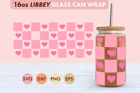 Pink Checkered Heart SVG PNG 16 oz Libbey Glass Can Wrap SVG Freeling Design House 