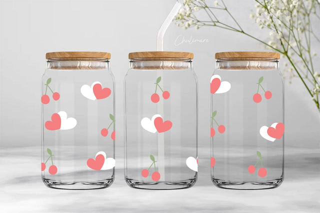 Pink Cherry and hearts 16oz. Libbey glass can wrap, valentine's day glass can wrap svg, cute beer glass can Digital Pattern ChuliArt 