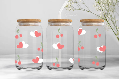 Pink Cherry and hearts 16oz. Libbey glass can wrap, valentine's day glass can wrap svg, cute beer glass can Digital Pattern ChuliArt 