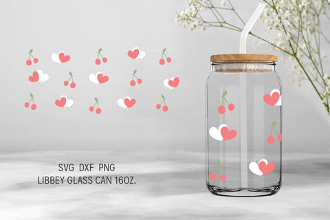 Pink Cherry and hearts 16oz. Libbey glass can wrap, valentine's day glass  can wrap svg, cute beer glass can - So Fontsy