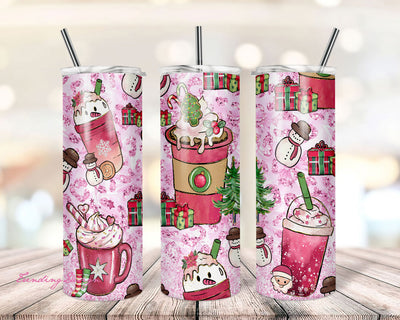 Pink Christmas Coffee 20oz Skinny Tumbler, Gingerbread Hand Drawn Pink Cozy Winter Snowflakes Sublimation Straight & Tapered Tumbler PNG Sublimation TrendingDesign 