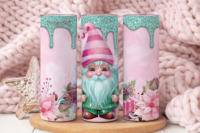 Pink Christmas Gnome Tumbler Wrap 20 oz Skinny Sublimation Tumbler Digital Download Glitter Christmas Tumbler Design Mint Gnome Sublimation Sublimation DesignSVG 