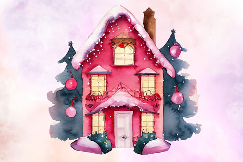 Pink Christmas House Watercolor Clipart PNG Sublimation Rupkotha 