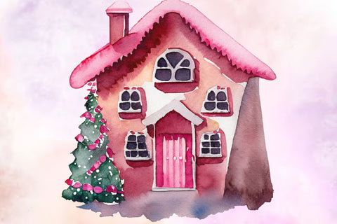 Pink Christmas House Watercolor Clipart PNG Sublimation Rupkotha 