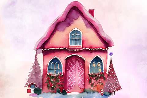 Pink Christmas House Watercolor Clipart PNG Sublimation Rupkotha 