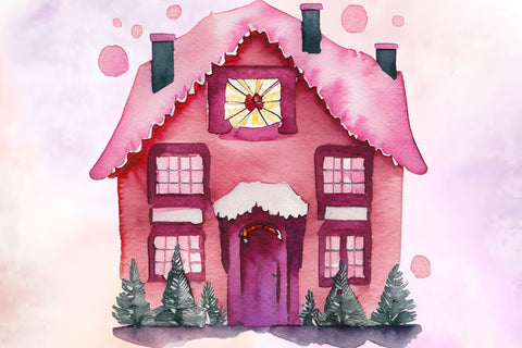 Pink Christmas House Watercolor Clipart PNG Sublimation Rupkotha 
