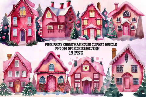 Pink Christmas House Watercolor Clipart PNG Sublimation Rupkotha 