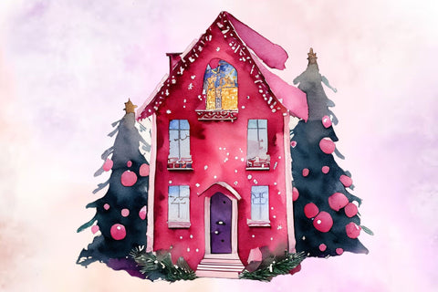 Pink Christmas House Watercolor Clipart PNG Sublimation Rupkotha 