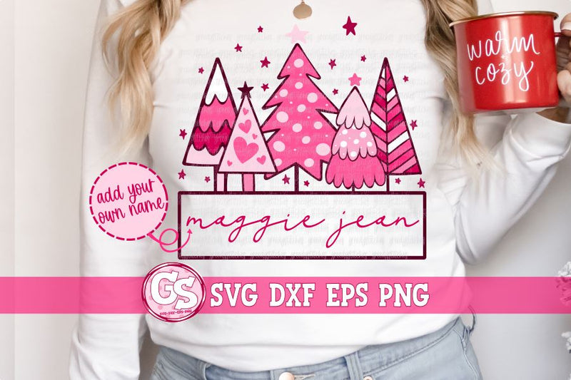 Pink Christmas Trees with Name Box SVG DXF EPS PNG SVG Greedy Stitches 