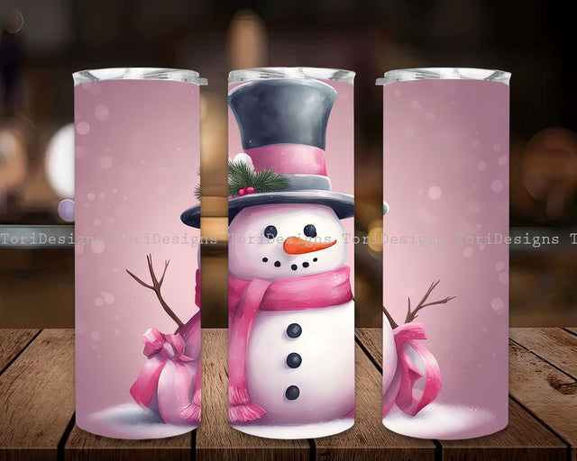 Pink Christmas Tumbler 20oz Skinny Tumbler Wrap, Pink Snowman Christmas 20 Oz Tumbler Wrap Sublimation ToriDesigns 