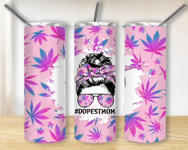 Pink Dopest Mom 20oz Skinny Tumbler Png, Weed Marijuana Messy Bun Hair Tumbler Png, Messy Bun, Cannabis, Gift for Mom, Mom Life Tumbler Sublimation BouDesign 