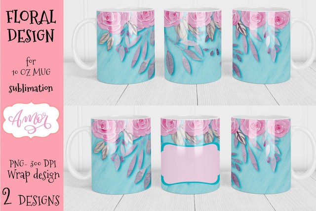 Pink floral coffee mug sublimation customizable design Sublimation Amorclipart 