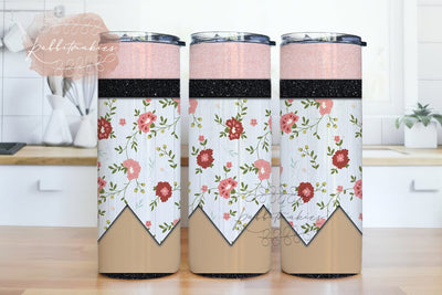 Pink Floral Pencil Teacher Skinny Tumbler Sublimation Design, Teacher Tumbler,Pencil Monogram Png Sublimation Rabbitmakies 