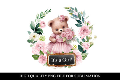 Pink Floral Teddy Its A Girl Baby Shower Sublimation Clipart Sublimation BijouBay 