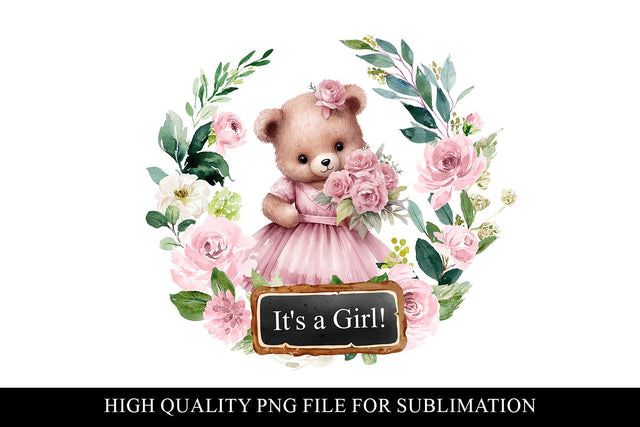 Pink Floral Teddy Its A Girl Baby Shower Sublimation Clipart Sublimation BijouBay 