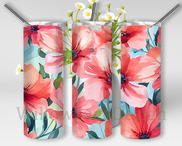 Pink Flower Pattern Water Color 20oz Skinny Tumbler Png, Water Color Flowers Tumbler, Water Colour Floral Png, Colorful Flowers Floral Pattern Png Sublimation WillowSageDesign 