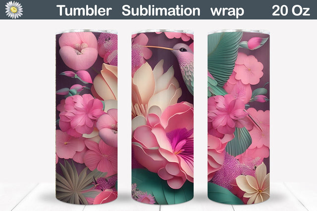 Pink Flowers And Hummingbird Tumbler Sublimation WatercolorColorDream 
