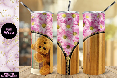 Pink Flowers and Teddy Bear 20oz Skinny Tumbler Wrap Template for Sublimation Sublimation Sublimatiz Designs 