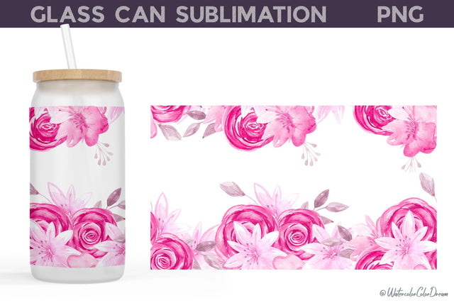 Pink Flowers Glass Can | Floral Libbey Sublimation WatercolorColorDream 