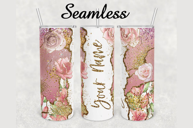 Pink Flowers Gold Glitter Agate Tumbler sublimation design 20 oz skinny tumbler wrap Sublimation BambinaCreations 